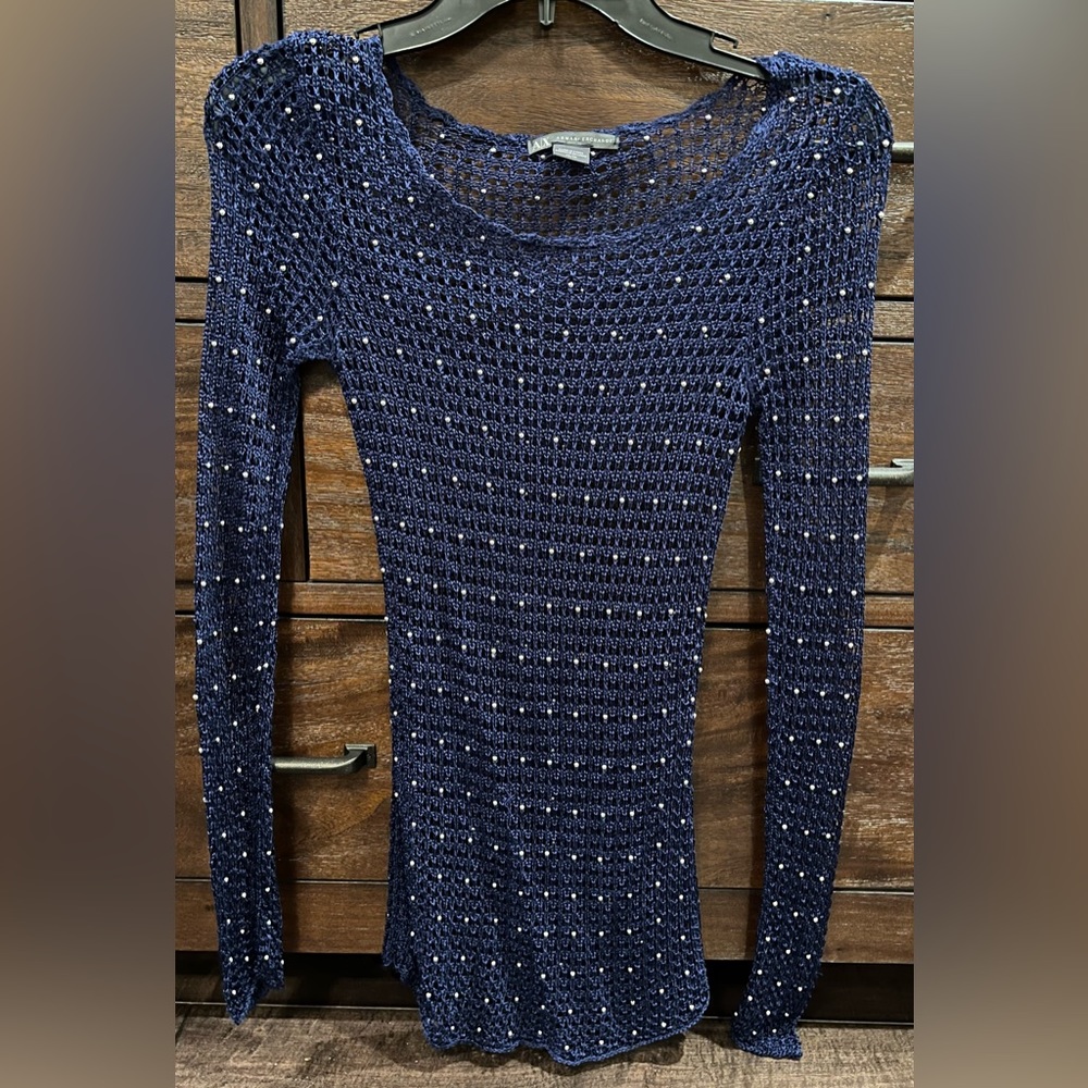 Armani Exchange Long Sleeve Blue Nit Top with Metal Beads. XS.
